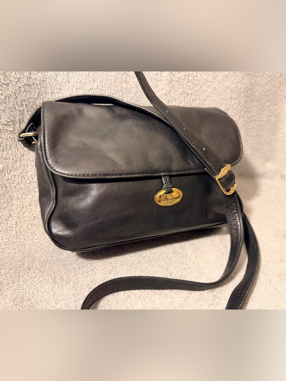 Etienne Aigner Black Leather Crossbody with Gold Accent - Picture 2 of 11